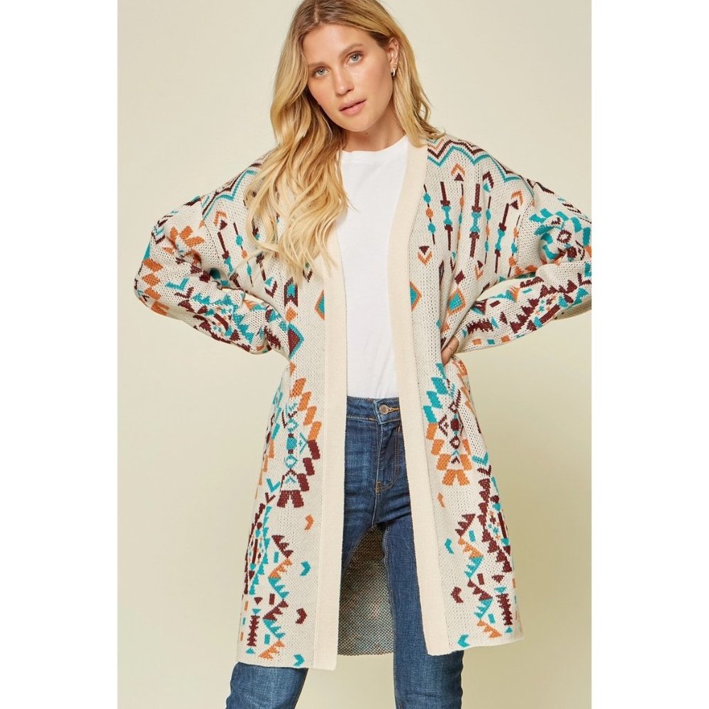 Long Aztec Print Cardigan